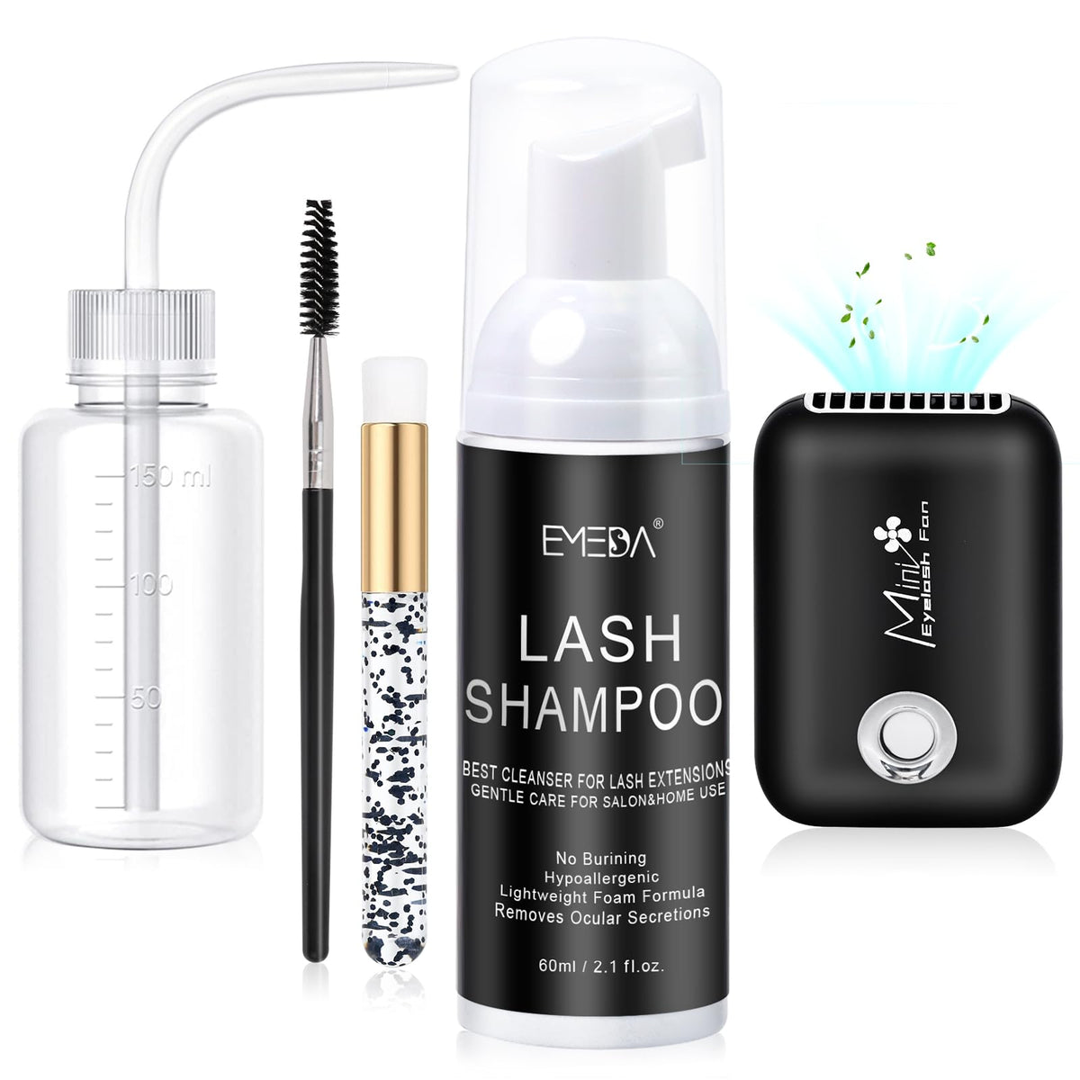 Emeda Lash Shampoo Kit - Oil-Free Foam Cleanser For Extensions With Usb Mini Brush & Wash Bottle