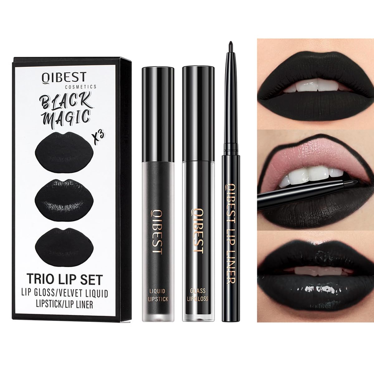 Pakivs 3Pcs Waterproof Lip Set - Black Matte Liquid Lipstick, Lip Liner & Gloss Trio