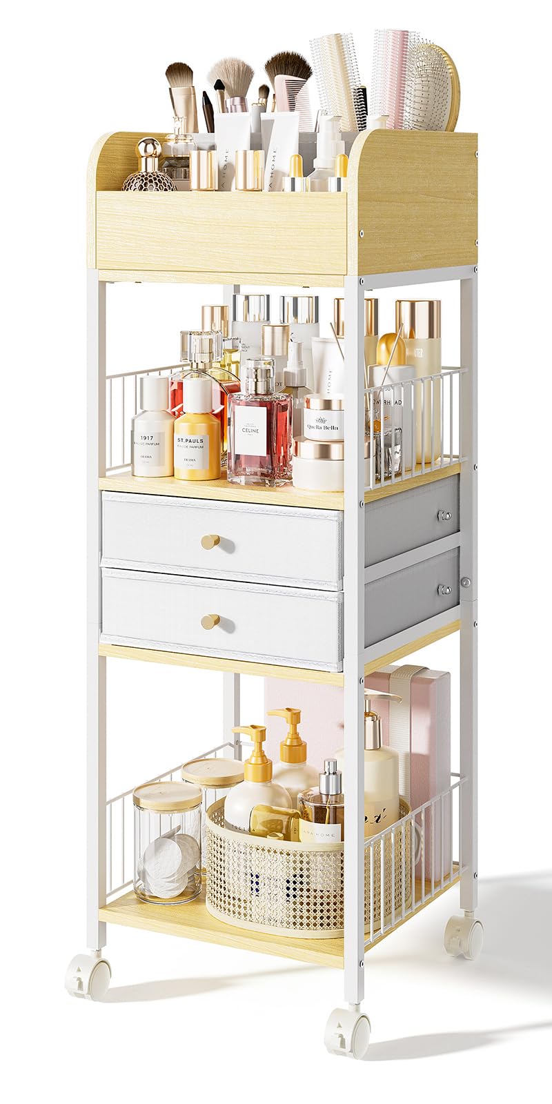 Tidystash Rolling Makeup Organizer Cart With Drawers - Natural Wood & White Iron Storage