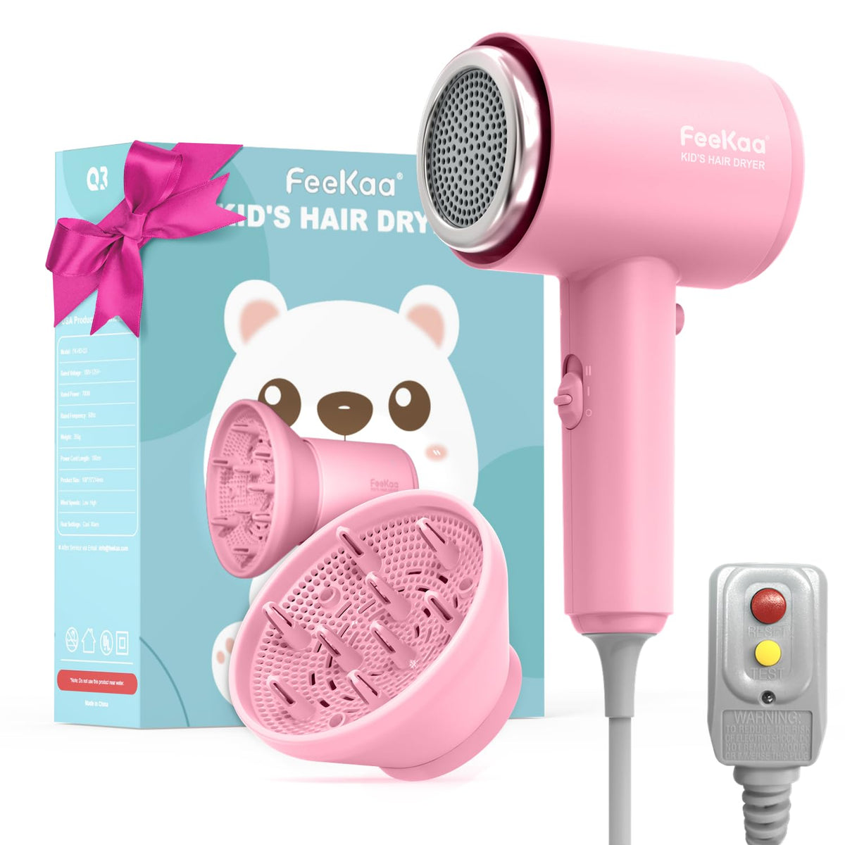 Feekaa Kids Hair Dryer - Portable Mini Blow Dryer With Diffuser, Pink, Lightweight & Quiet