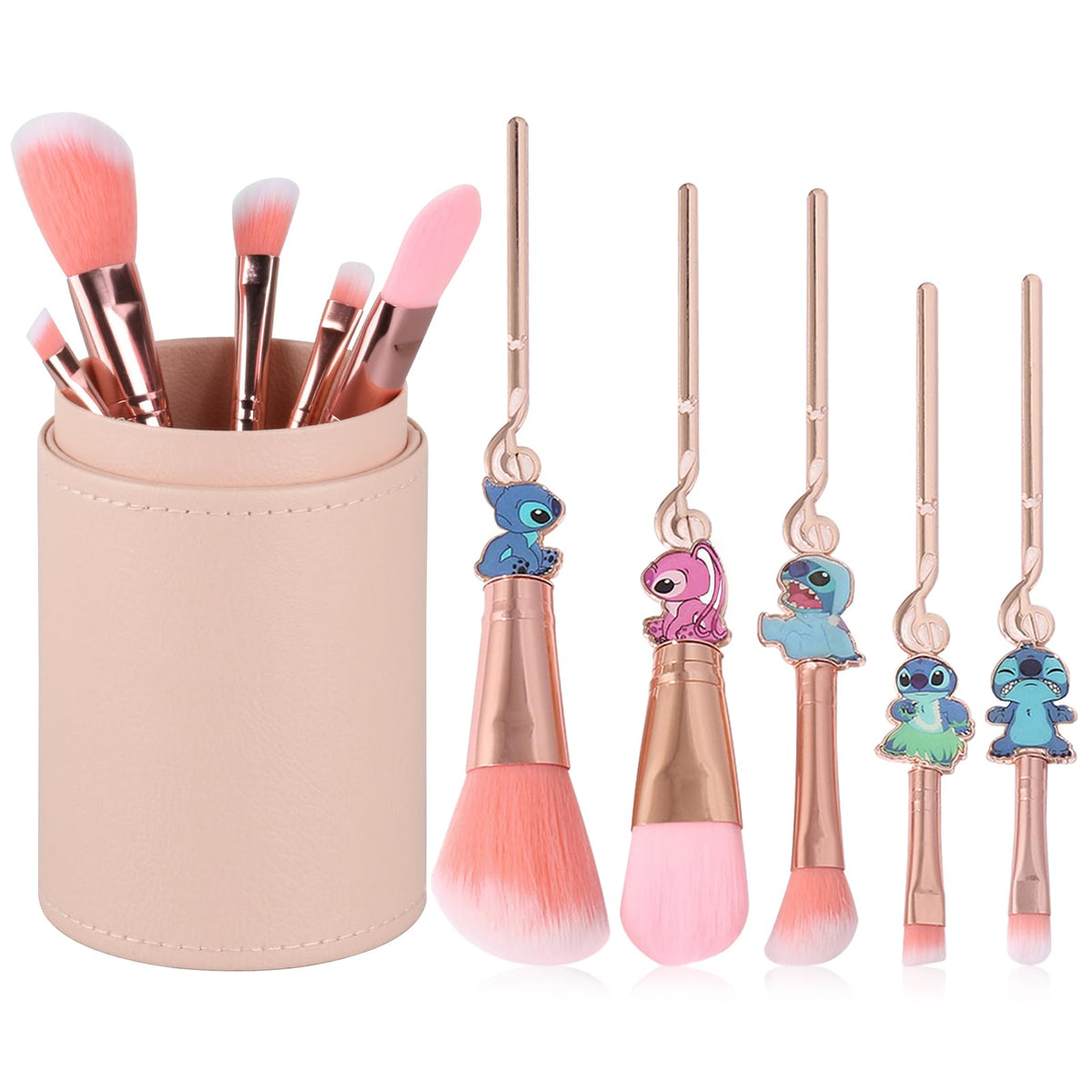 WeChip 5 Pcs Stich Makeup Brushes Set with Holder - Pink Interstellar Baby Brushes for Girls