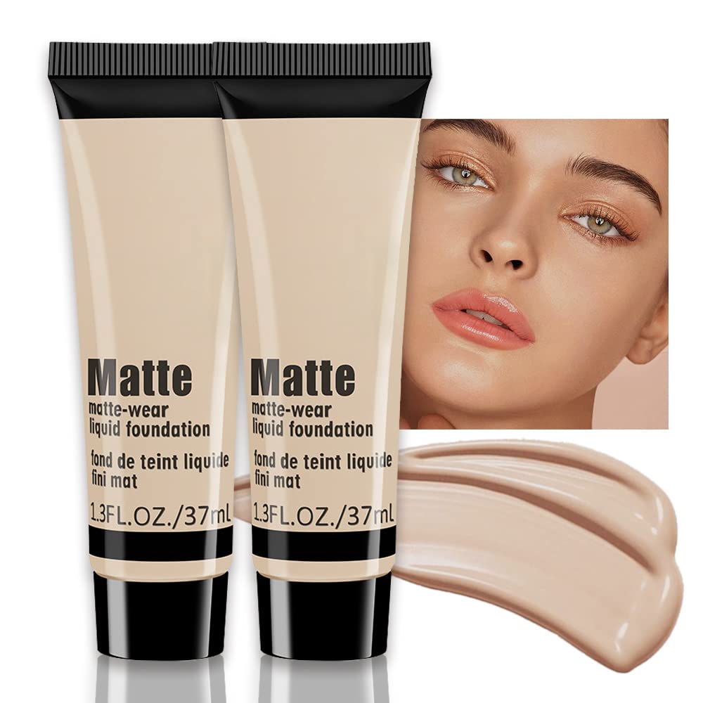 Suake 2 Pack Liquid Foundation Cream, Full Coverage Matte Concealer, Oil Control & Waterproof, Beige 6#