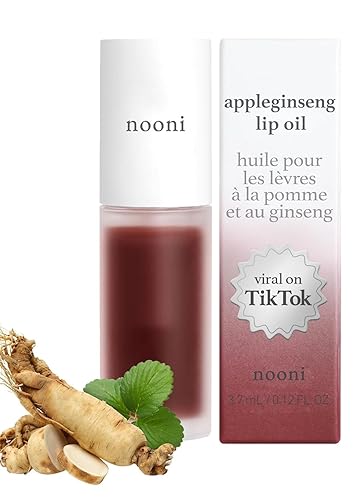 Nooni Korean Vegan Lip Oil - Appleginseng, Moisturizing, Plumping, Waterproof Lip Tint 0.12 Fl Oz