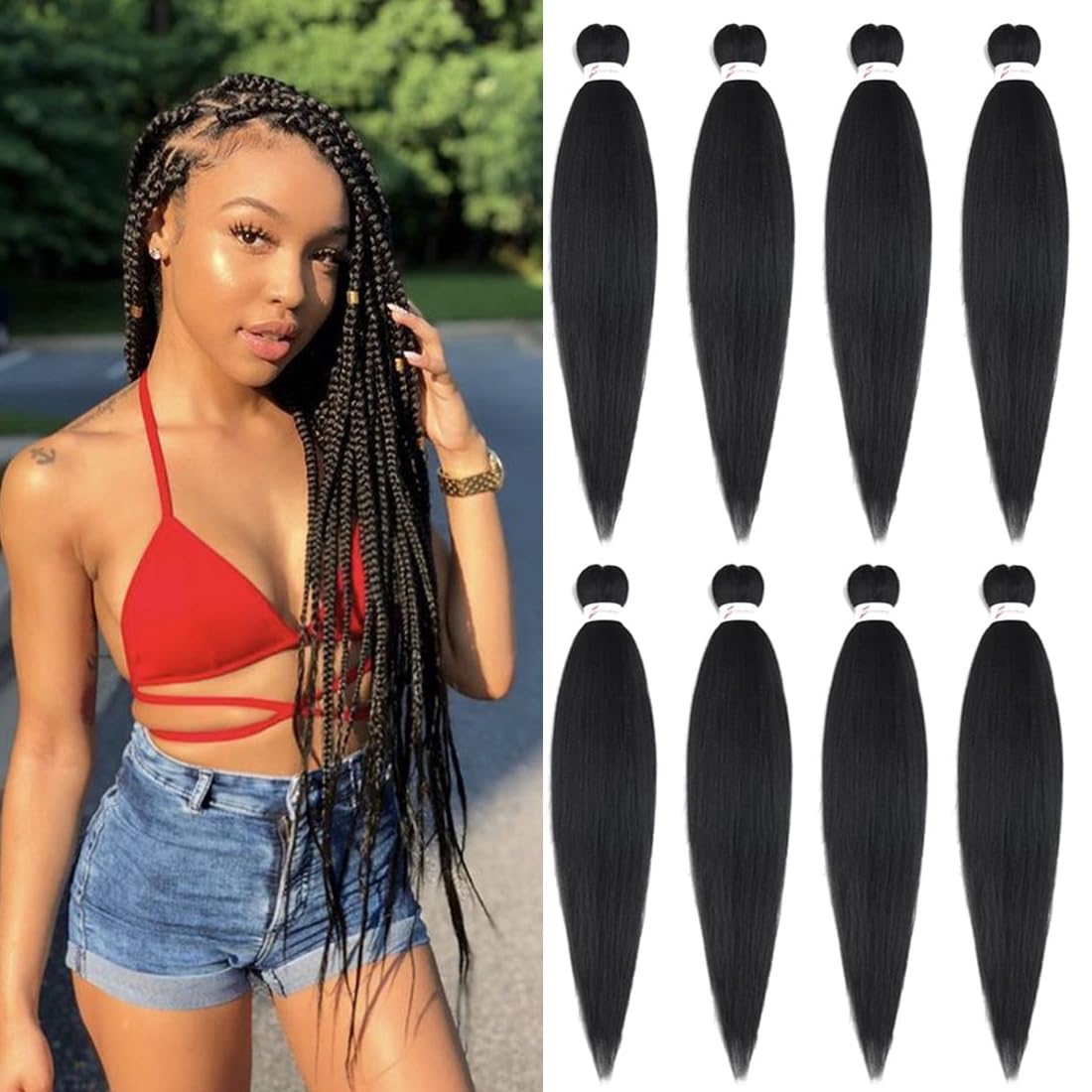 Hensleely 26Inch Pre Stretched Braiding Hair Extensions - 8 Packs Soft Yaki Straight Black Synthetic