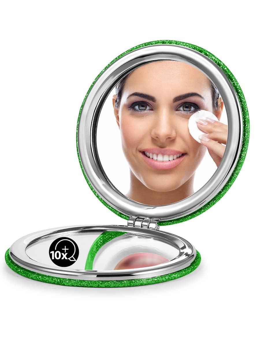 Omiro Green 1X/10X Magnifying Compact Mirror - Ultra-Portable Round Mirror For Purses & Travel