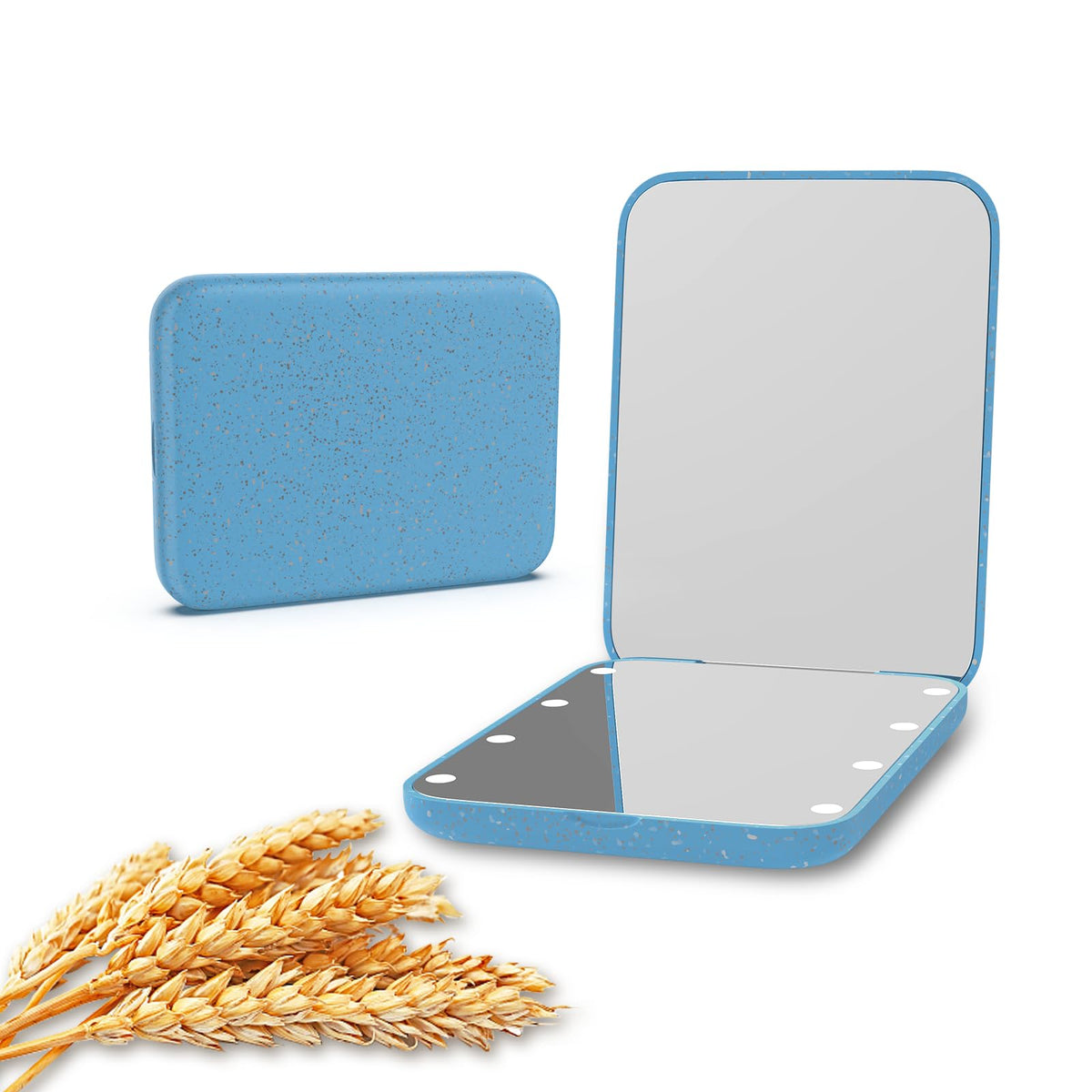 Kintion Lighted Wheat Straw Pocket Mirror - 1X/3X Magnification, Compact Travel Handheld Mirror, Blue