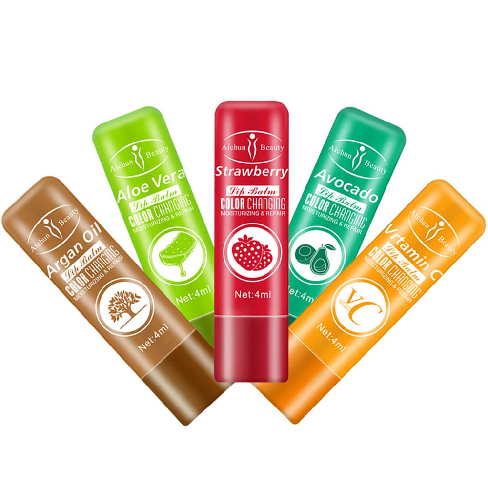 Disaar Beauty Color Changing Lip Balm Set - Waterproof, Moisturizing, Aloe Vera & Strawberry, 5 Pcs