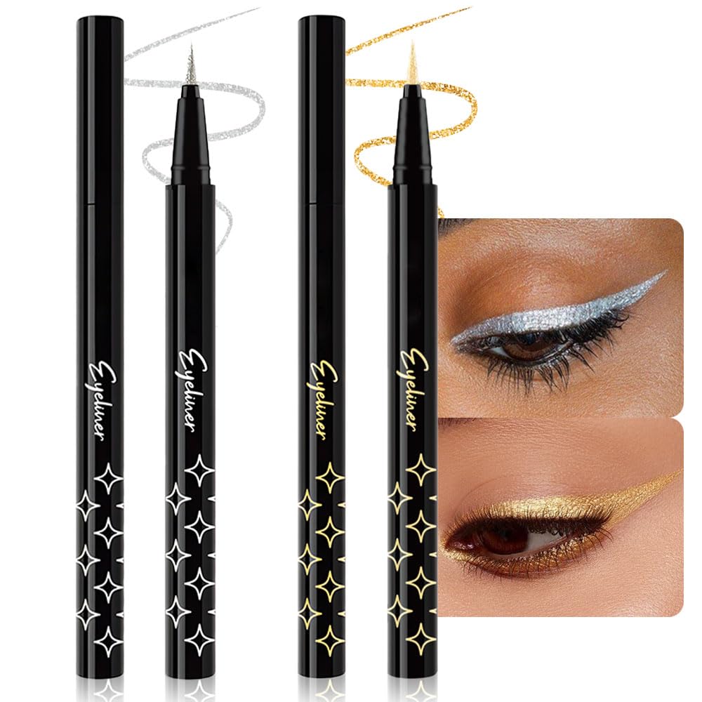 Evpct 2Pcs Glitter Liquid Eyeliner Set, Waterproof Shimmer Gold & Silver, Long Lasting, High Pigment