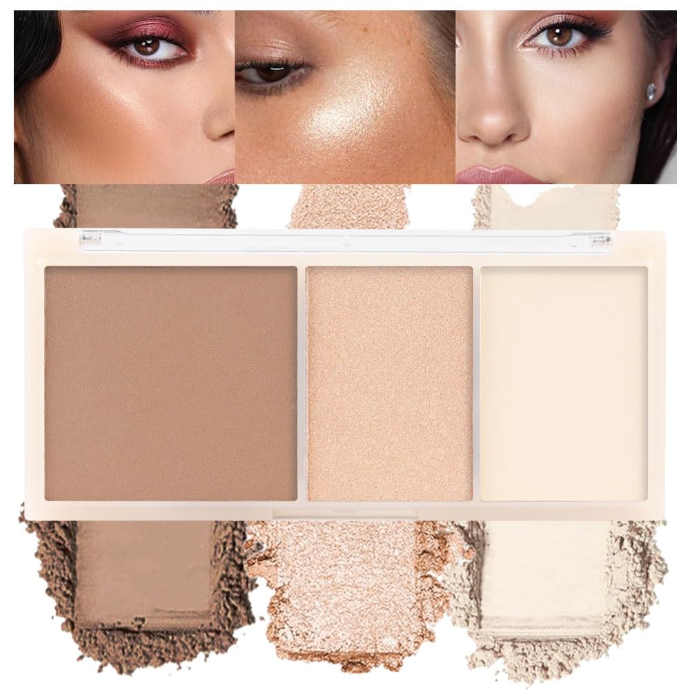 Suake 3-In-1 Brown Nude Face Highlight Bronzer Palette - Buildable Matte Contour Makeup 0.36Oz