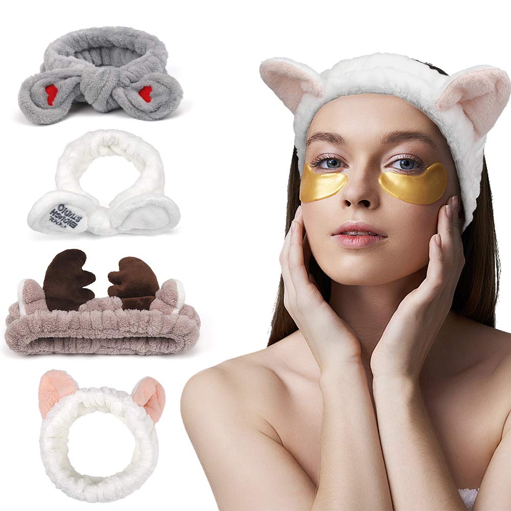 Ahoney Makeup Spa Headband Set - 4 Cute Microfiber Hair Bands For Women & Girls, Animal Ears