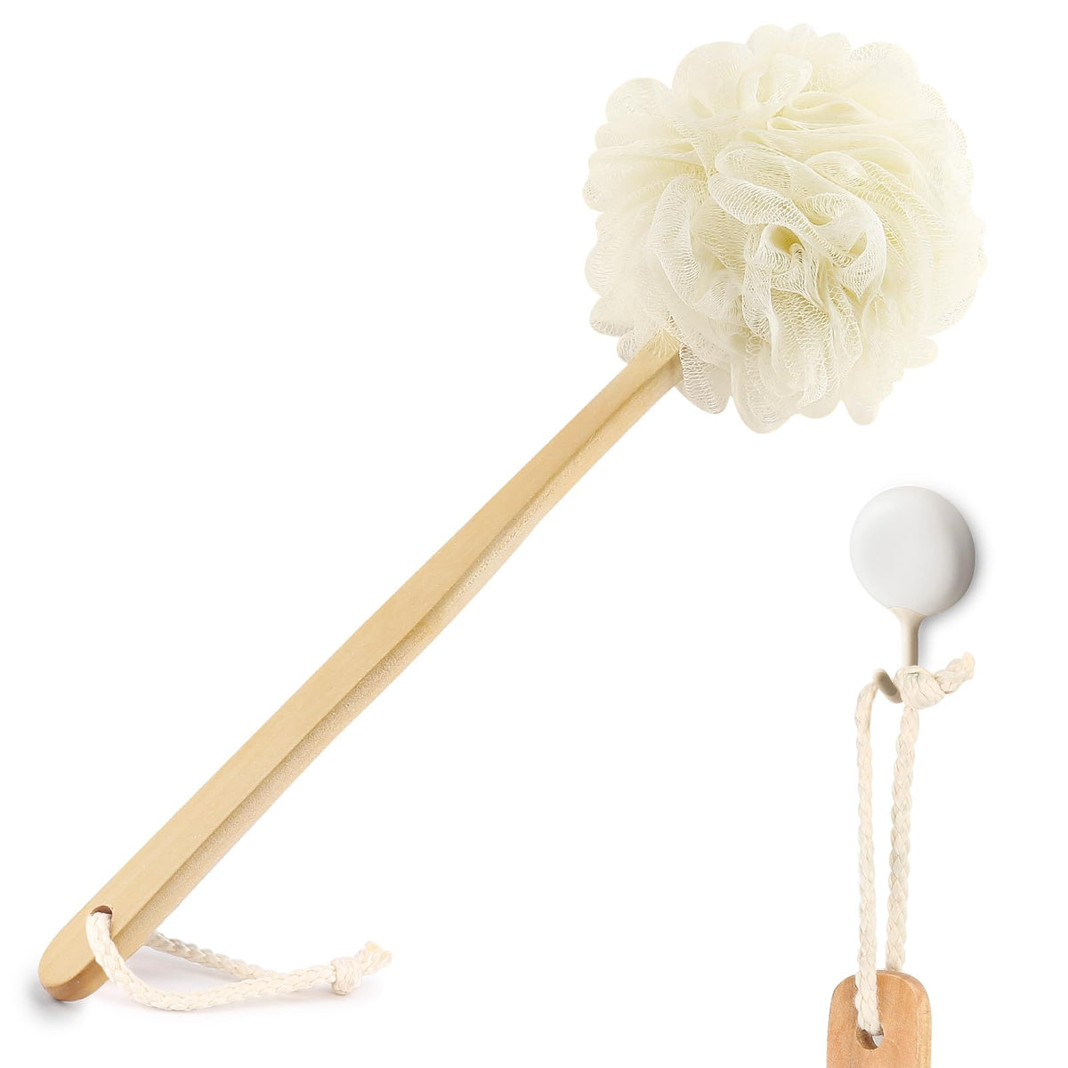 Forenee White Loofah On A Stick - Soft Mesh Back Scrubber For Shower, Creamy White