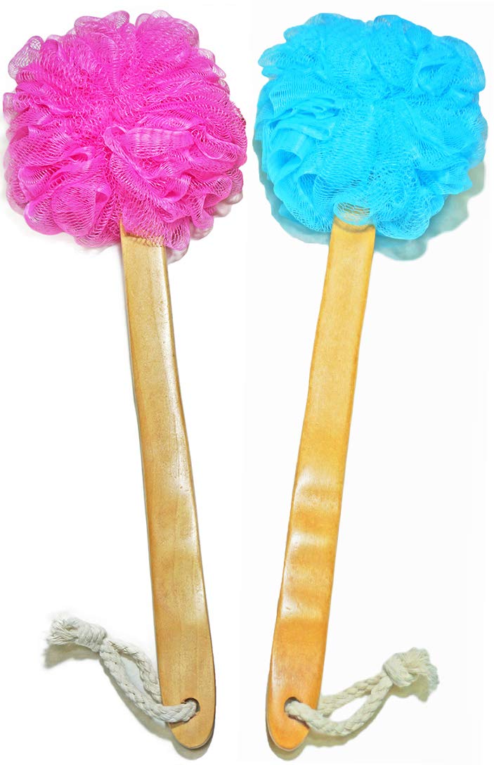 Jins-Hung Exfoliating Shower Loofah Body & Back Scrubber With Long Wooden Handle - 2 Pack Blue & Red