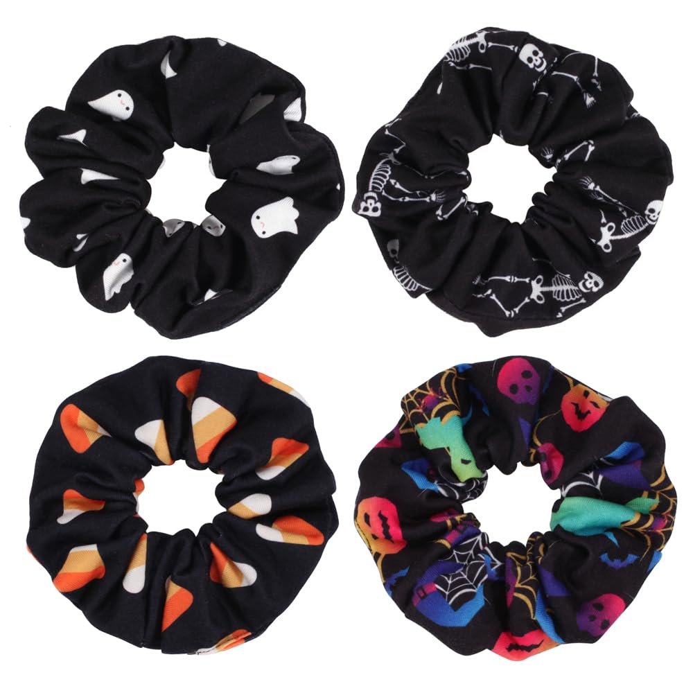 Lonext 4Pcs Halloween Hair Scrunchies - Pumpkin, Ghost, Skull, Spider Web - Soft Elastic Bands