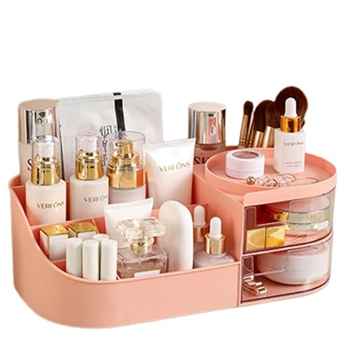 POFUOT D-Pink Makeup Desk Organizer with Drawers for Cosmetics, Brushes, and Lipsticks