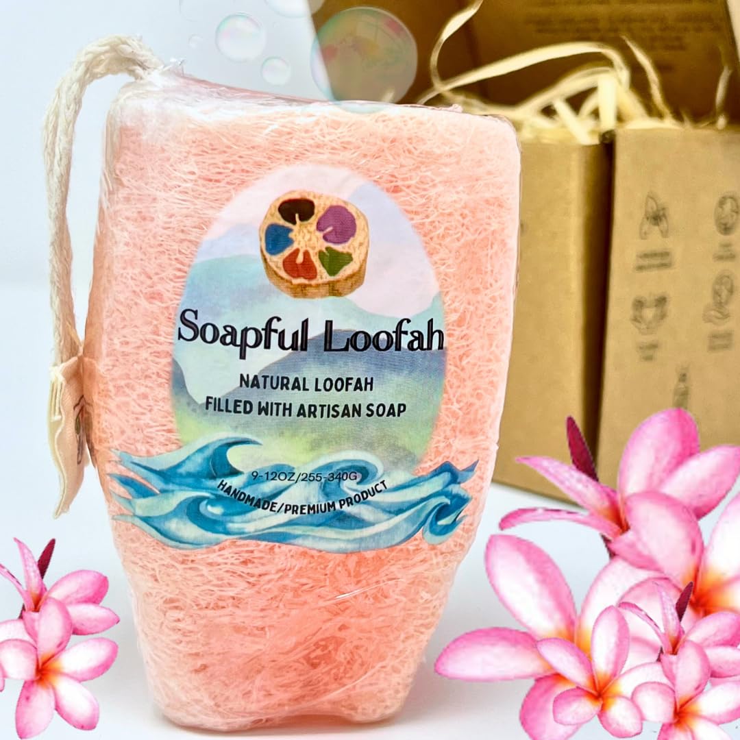 Soapful Loofah Natural Exfoliating Soap Bar With Plumeria Scent, 9-12 Oz Handmade Tan Loofah