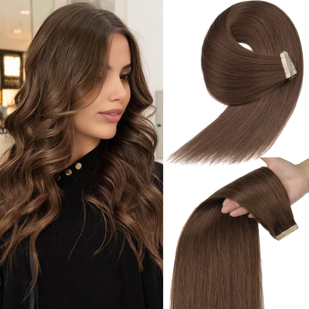 Yddm 16 Inch Tape In Hair Extensions, 20Pcs Human Hair, Chocolate Brown, Seamless & Invisible