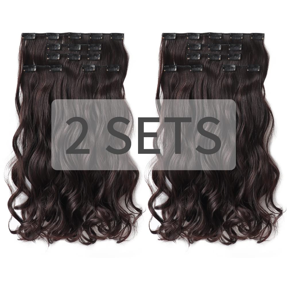 Hspjhtm 18&quot; Dark Black Clip-On Hair Extensions, 5 Pcs Synthetic Wavy Thick Hair Pieces