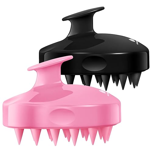 HEETA Hair Scalp Massager Brush 2 Pack, Soft Silicone Dandruff Remover, Waterproof, Pink & Black