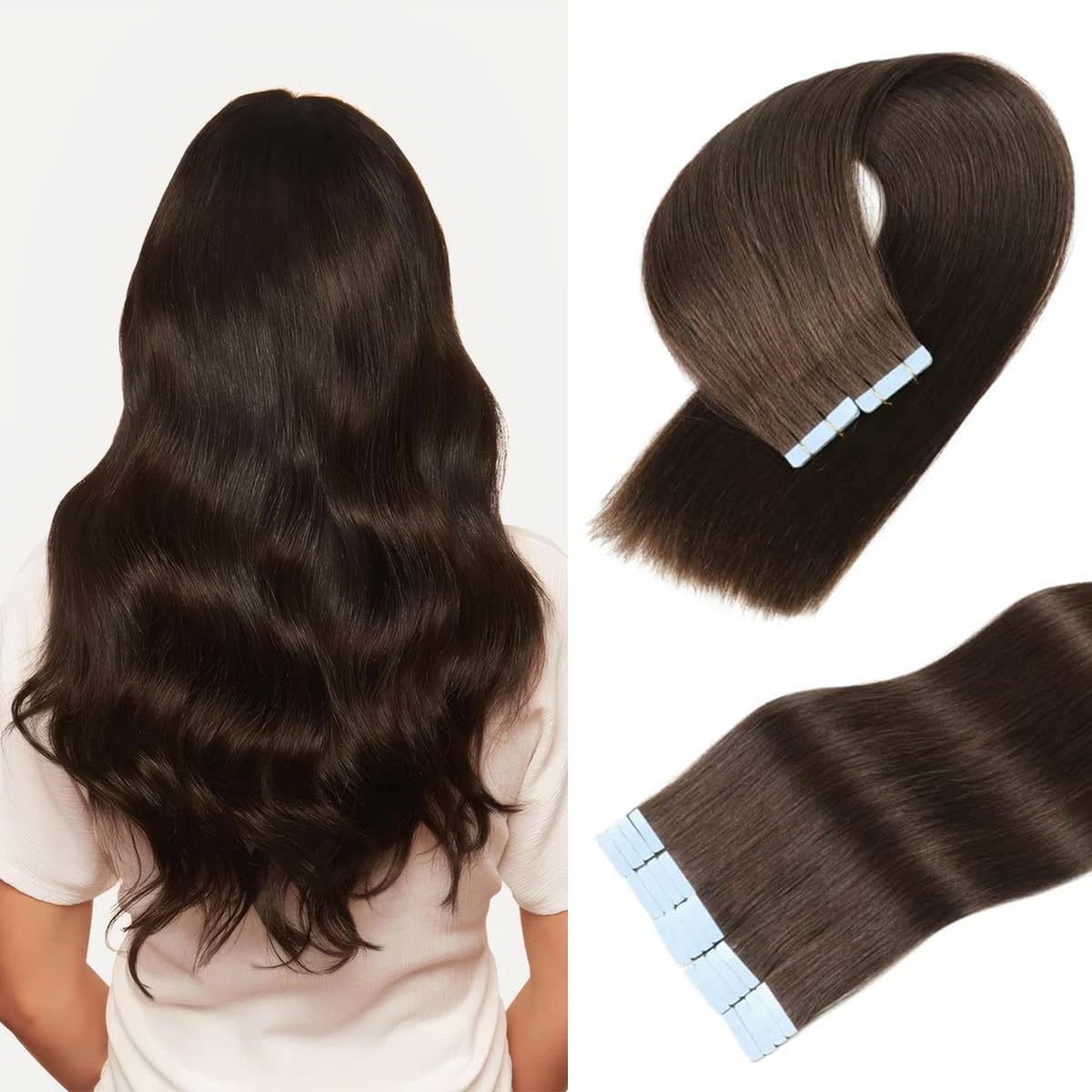 Loumte 22&quot; Tape In Human Hair Extensions - 100% Remy, Seamless, Dark Brown, 50G/