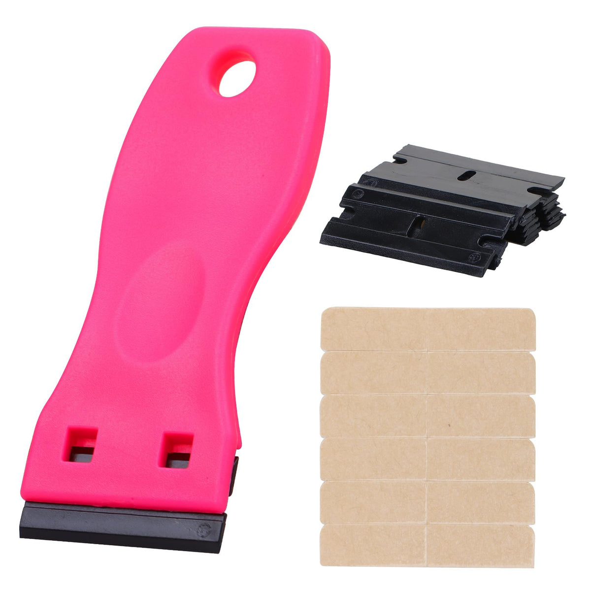 Wennalife Tape Remover Scraper Tool - Plastic Razor Blade With 10 Blades & 6 Tape Tabs, Hot Pink