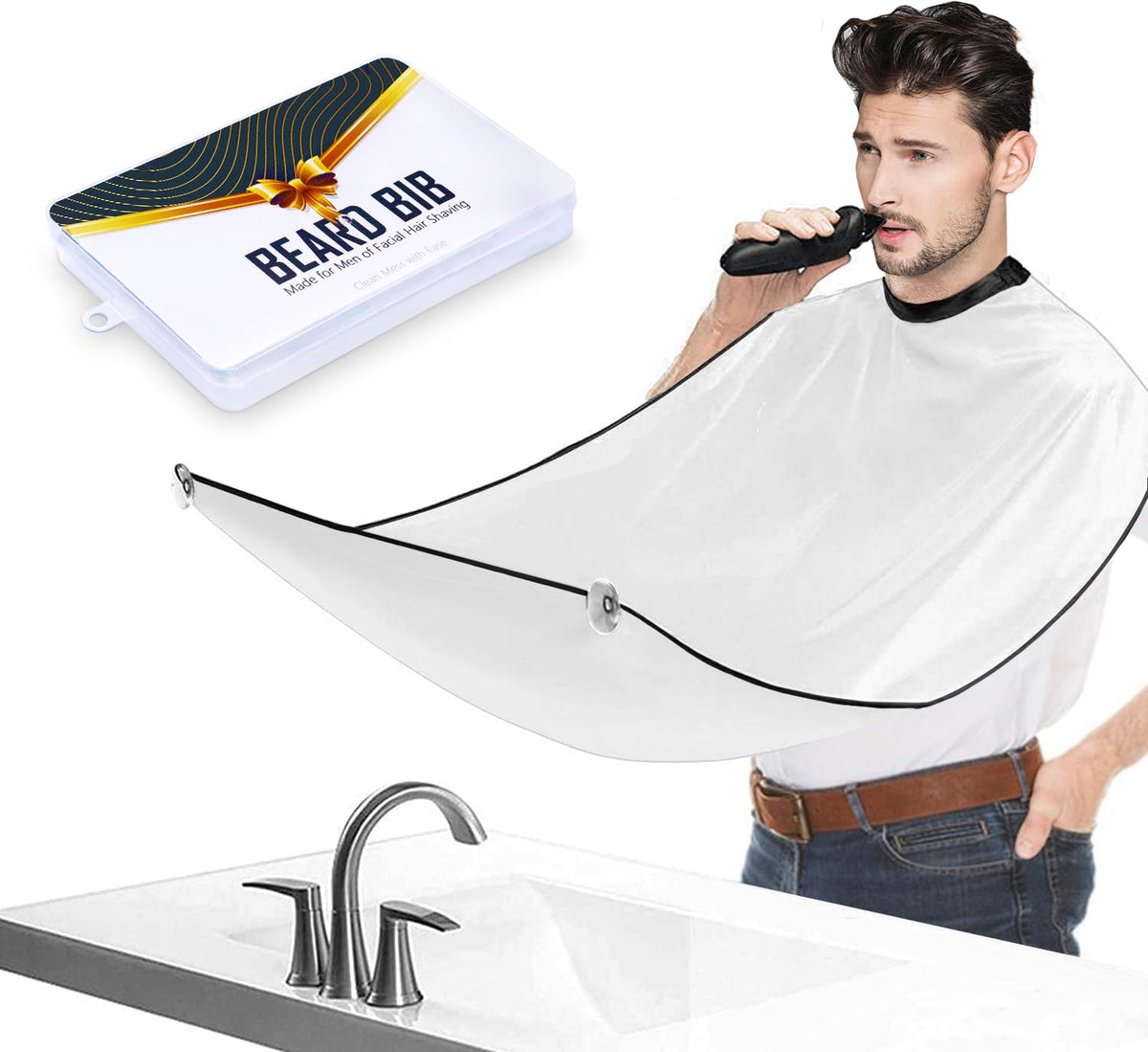 Leaflai Beard Bib Apron - Non-Stick Waterproof Grooming Cape With Suction Cups For Men, White