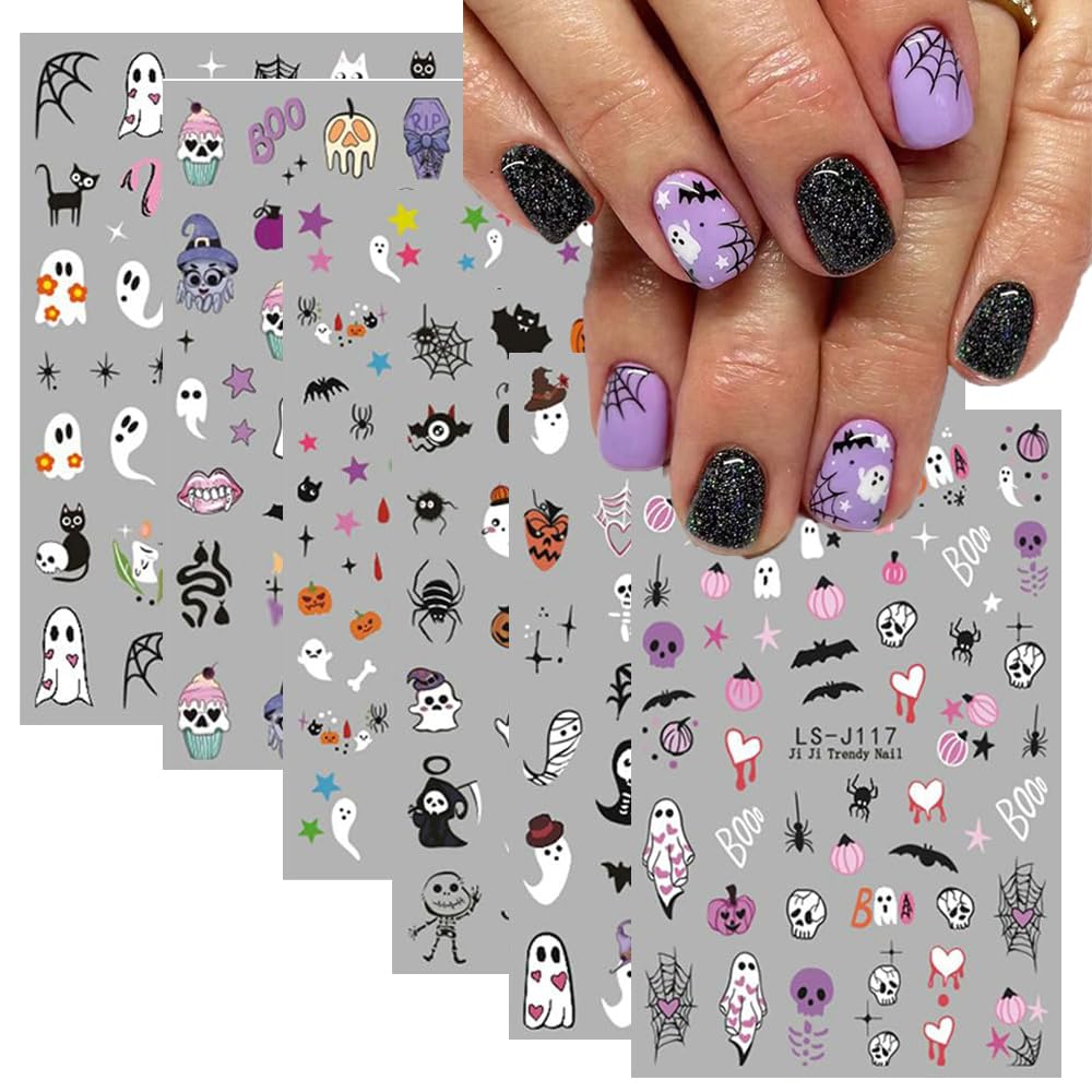 Ctthnbd Halloween Nail Art Stickers - 3D Ghost, Pumpkins, Bat, Skull, Spider Web Designs, 6