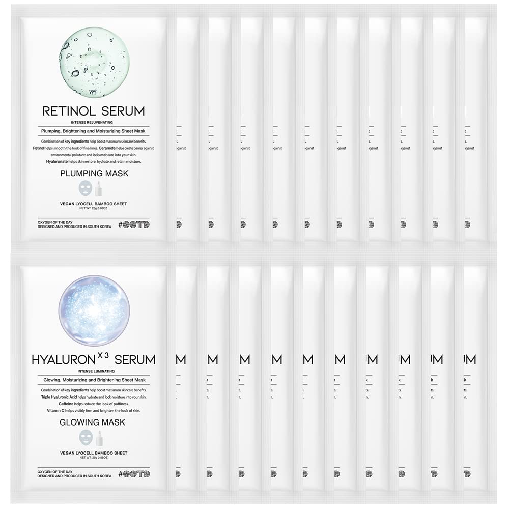 #Ootd Retinol + Hyaluron Serum Korean Sheet Mask Gift Pack - 20 Count Kbeauty Face Masks