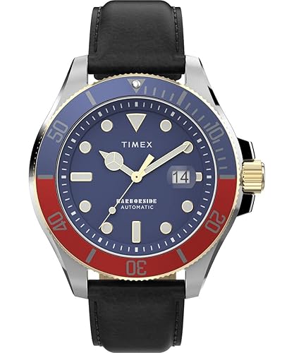 Timex Harborside Coast Automatic Watch 44Mm Brown Strap Blue Dial Two-Tone Case