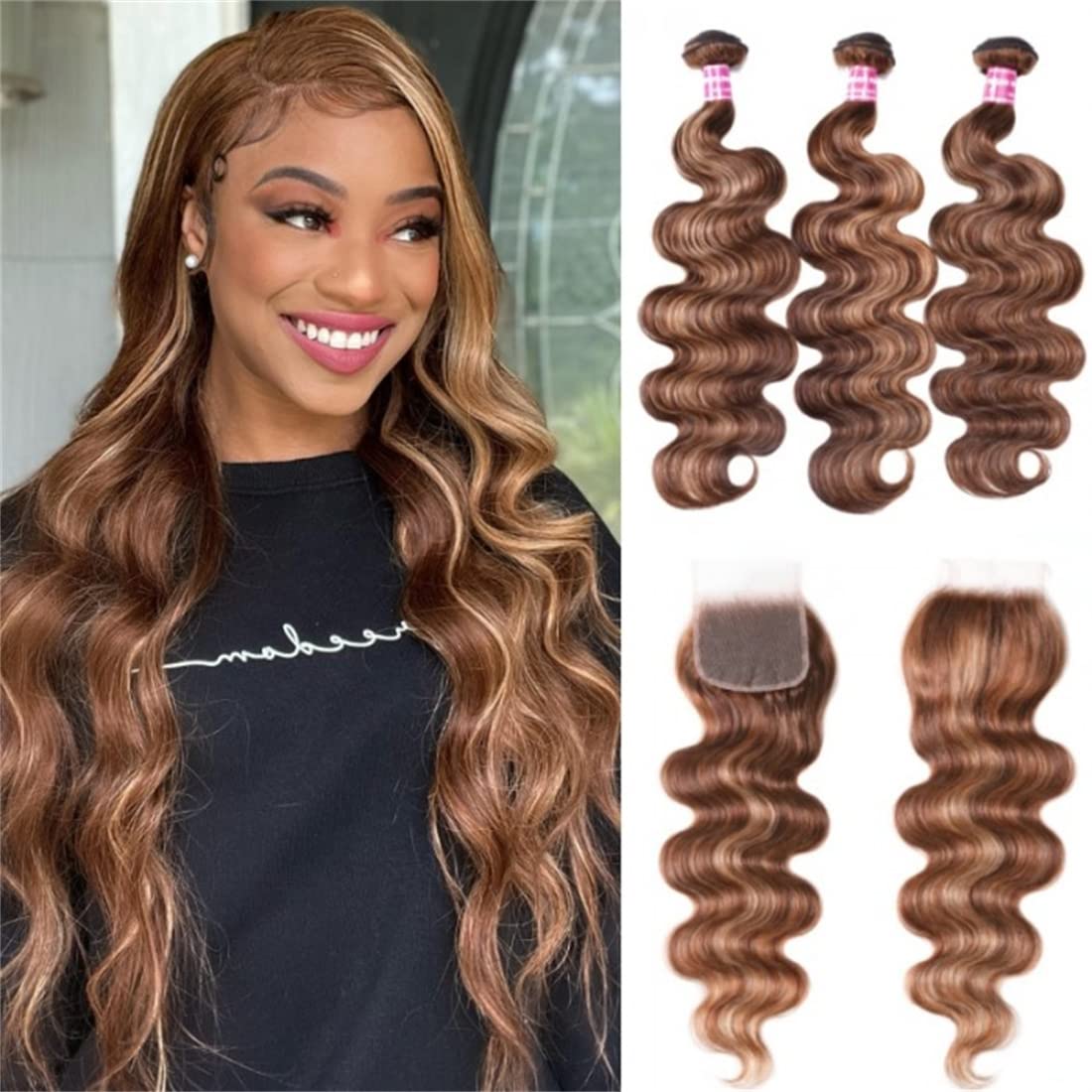 UNICE Body Wave Honey Blonde Highlight 3 Bundles with 4x4 Closure, 12A Remy Human Hair