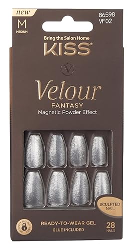 Kiss Velour Fantasy Nails - 28 Count Medium Silver (Pack Of 3) - Perfect For Stunning Manicures