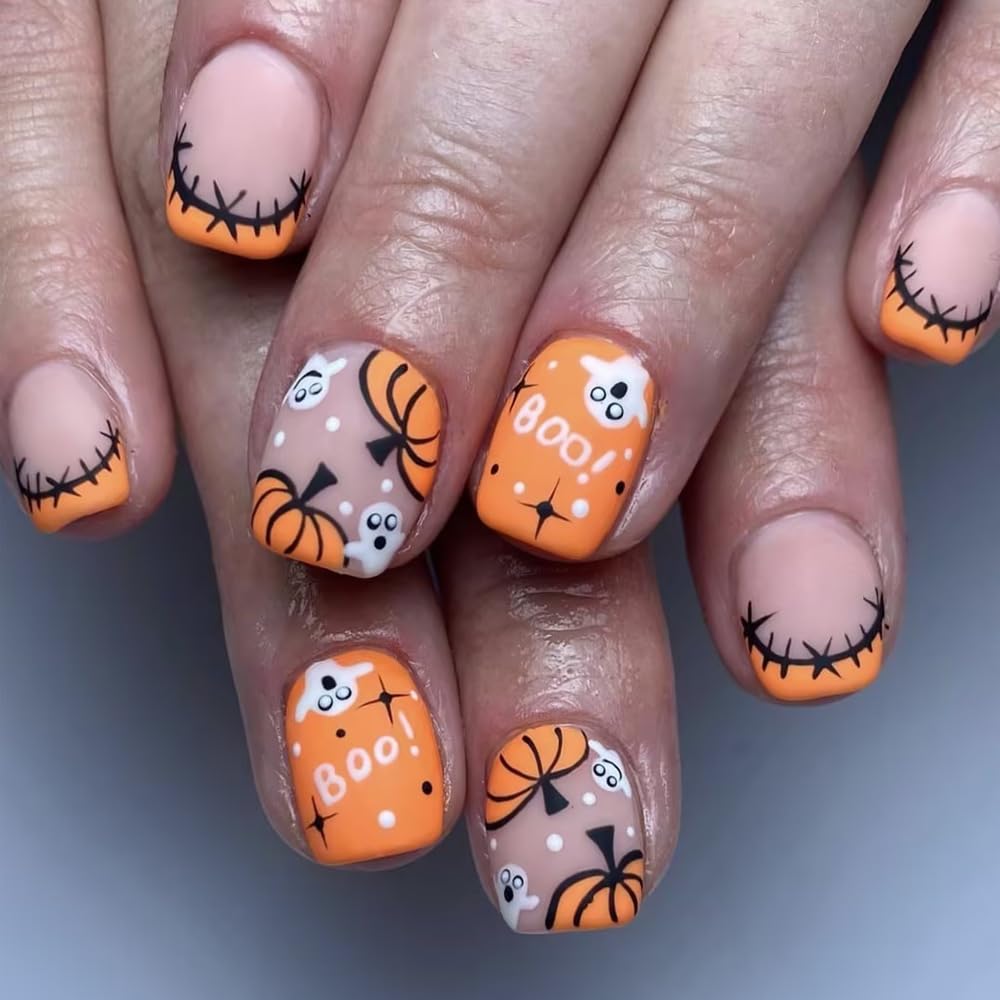 Gufugu Halloween Press On Nails, Short Square Acrylic With Pumpkin & Ghost Designs, 24Pcs