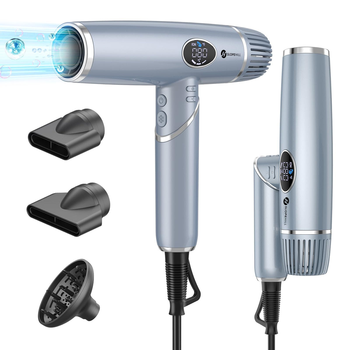 Slopehill Professional Foldable Hair Dryer, Ionic Blow Dryer With Lcd Display, Portable Blue