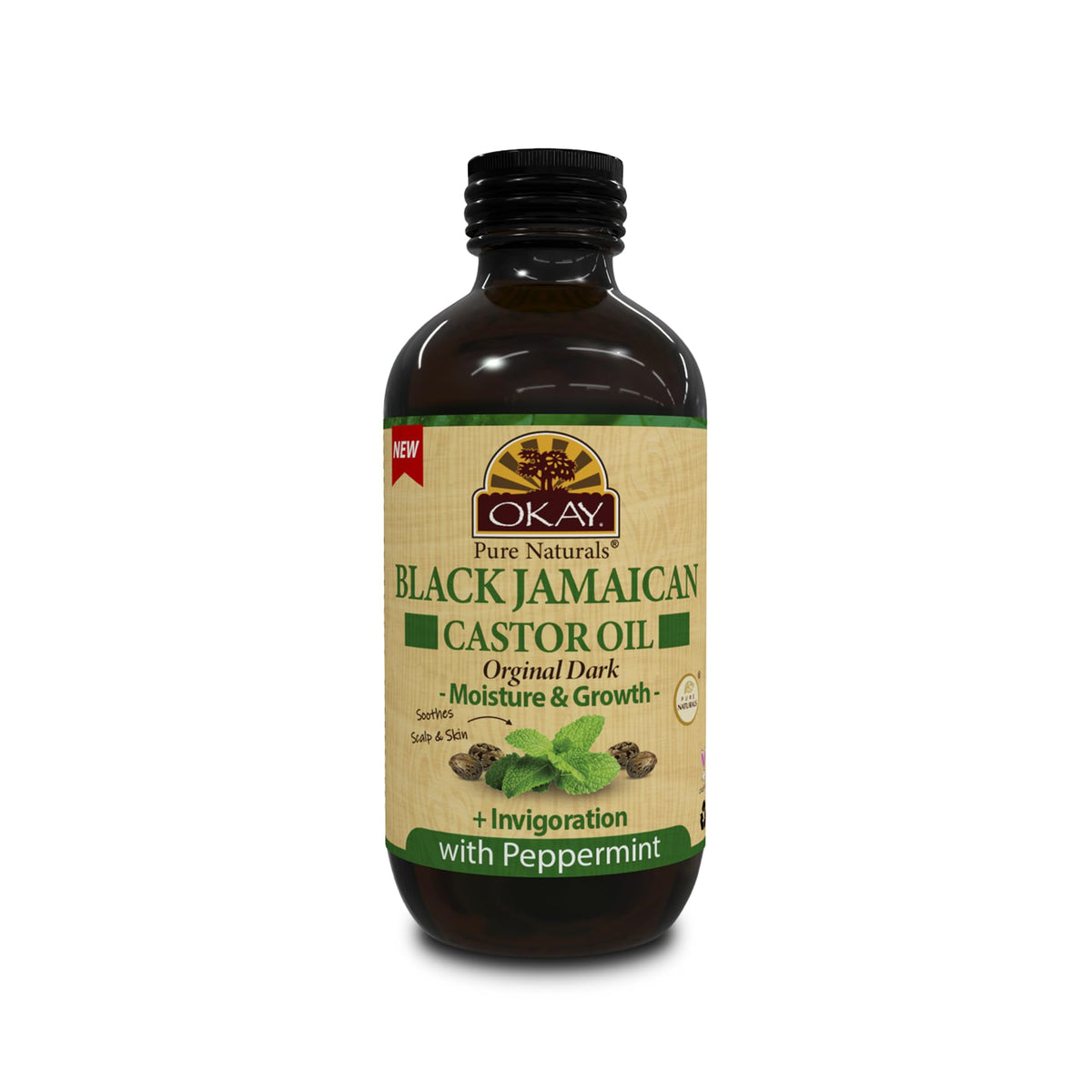 Okay Pure Naturals Black Jamaican Castor Oil For Hair & Skin - Peppermint, 4 Oz Glass Bottle