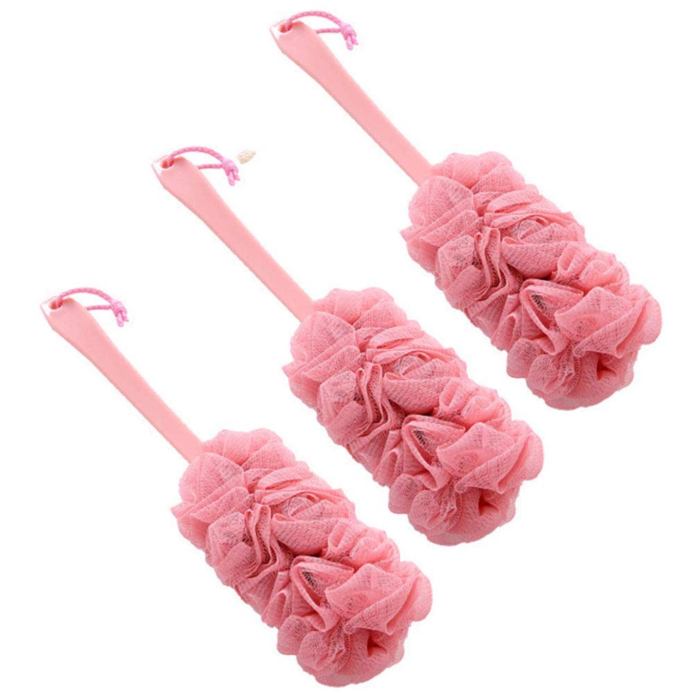 Nutteri Pink 3 Pack Back Scrubber - Long Handled Bath Brush & Exfoliating Loofah For Men & Women