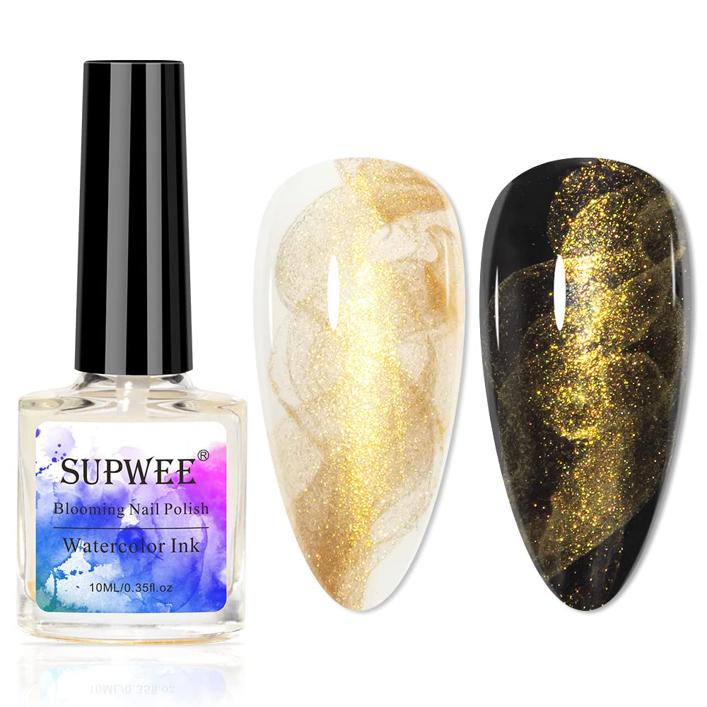 Supwee Gold Marble Watercolor Ink Nail Polish - Blooming Flower Nail Art Design, 0.33 Fl Oz