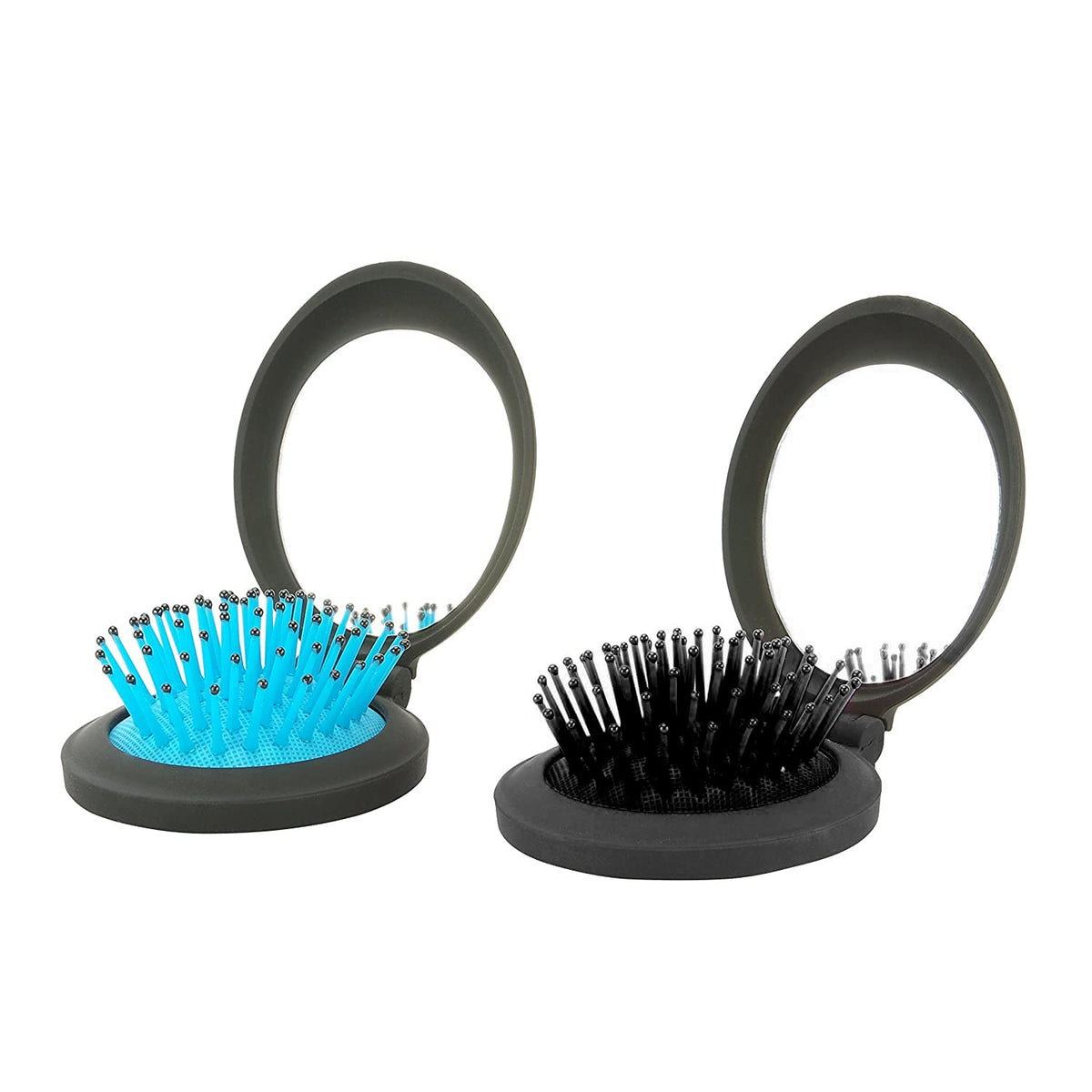 Nuangela Mini Hairbrush Set - Folding Travel Brush With Mirror, Compact Pocket Size, 2 Count, Black Blue