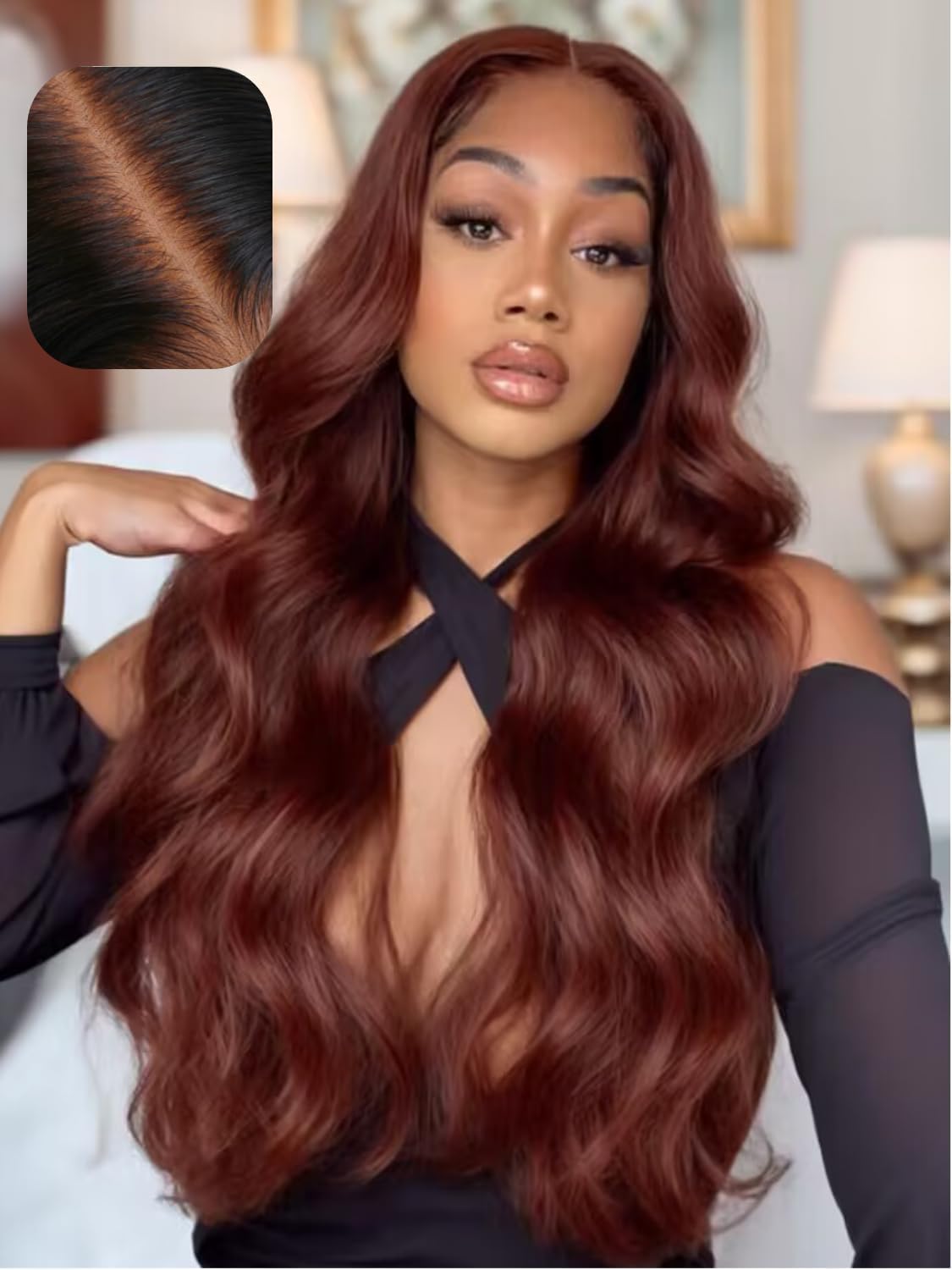 UNICE 20&quot; Reddish Brown Body Wave Glueless Frontal Wig, 13X4 Lace, Pre-Plucked Human Hair