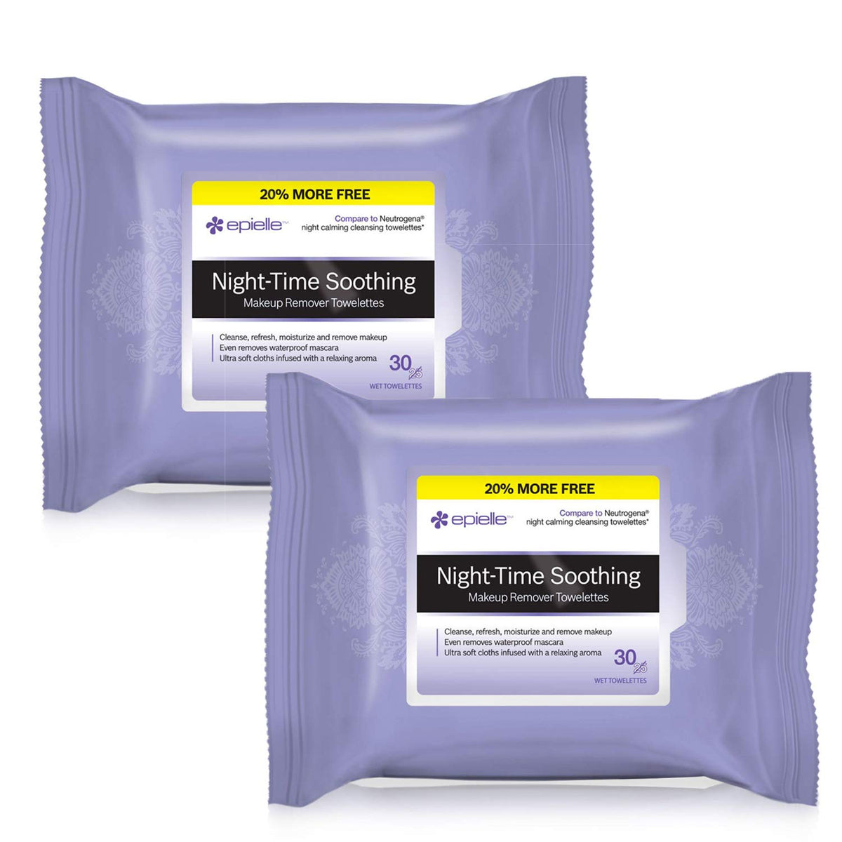 Epielle Night Time Makeup Remover Wipes - Waterproof, Gentle Facial Towelettes, 2 Pack