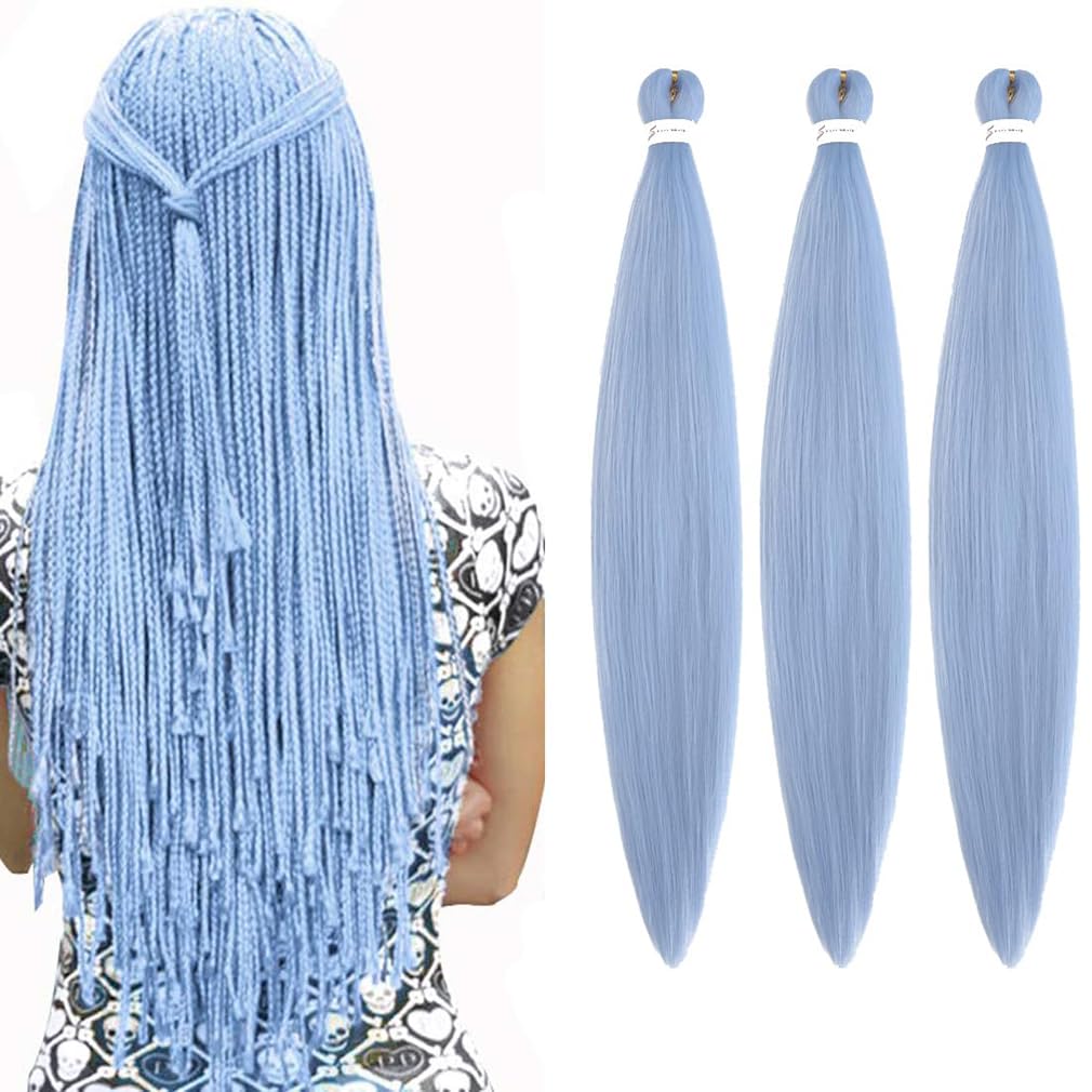 Yuccaha 30 Inch Pre Stretched Braiding Hair - 3 Packs Synthetic Crochet Twist, Light Blue