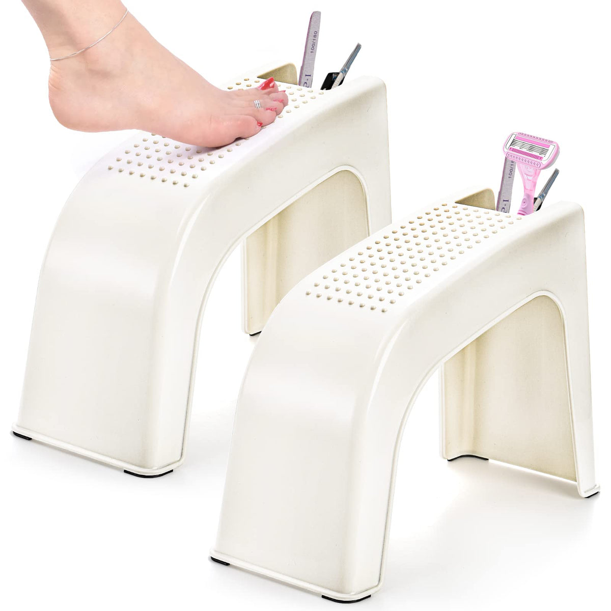 Hedume Shower Foot Rest 2 Pack - Non-Slip Pedicure Stool For Shaving & Bathing, White Plastic