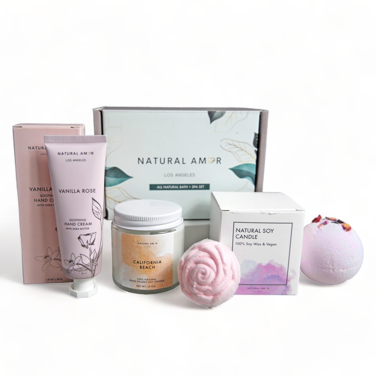 Natural Amor Relaxation Spa Gift Set For Women - Candle, Hand Cream, Bath Bomb, 4 Piece Box