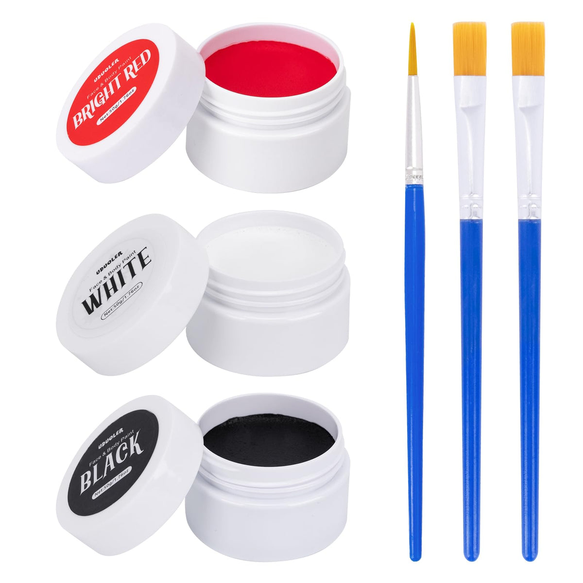 Uduoler Clown Makeup Kit - Black, White & Red Face Paint, 3 Brushes, Non-Toxic, Kids & Adults