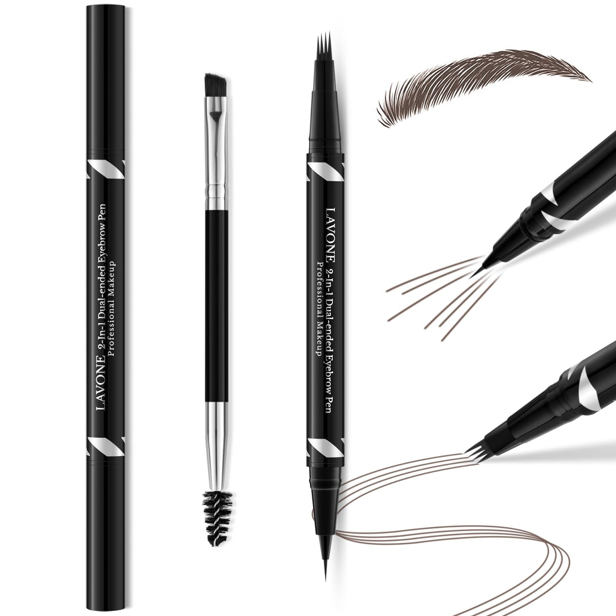 Lavone 2-In-1 Waterproof Eyebrow Pen & Pencil, Microblading, Black Brown, Natural Look