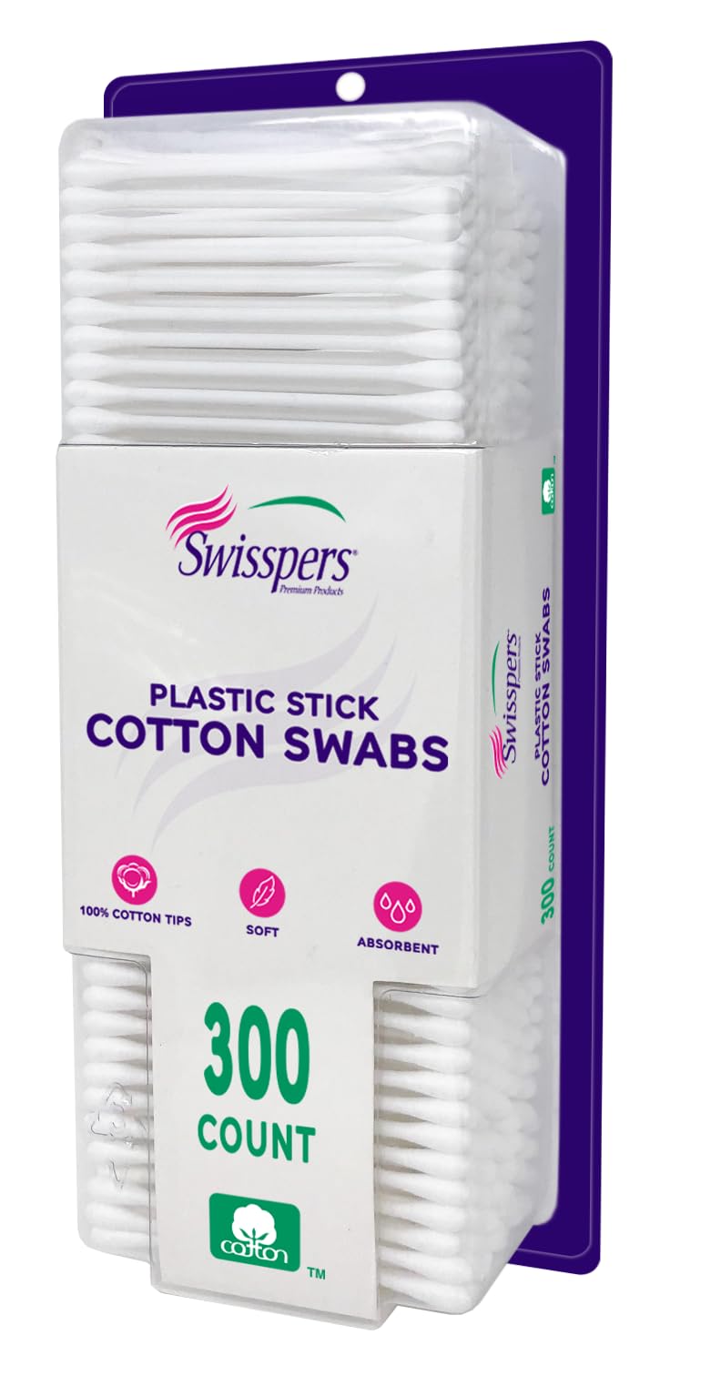 Swisspers Cotton Swabs - 100% Cotton Double-Tipped, 300 Count, White Plastic Sticks