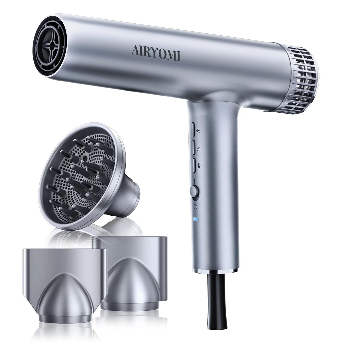 Airyomi 2000W Ionic Hair Dryer With Diffuser, 3 Heat & Speed Settings, Silvery