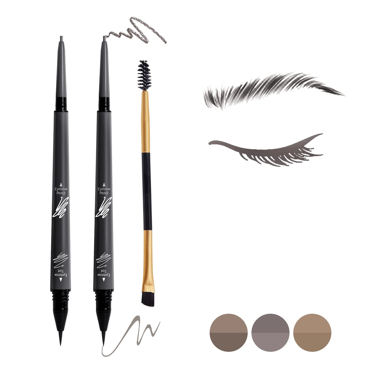 Music Flower Eyebrow Pencil Set - 3 Pcs, Waterproof Dual Ended Pens & Brush, Grey