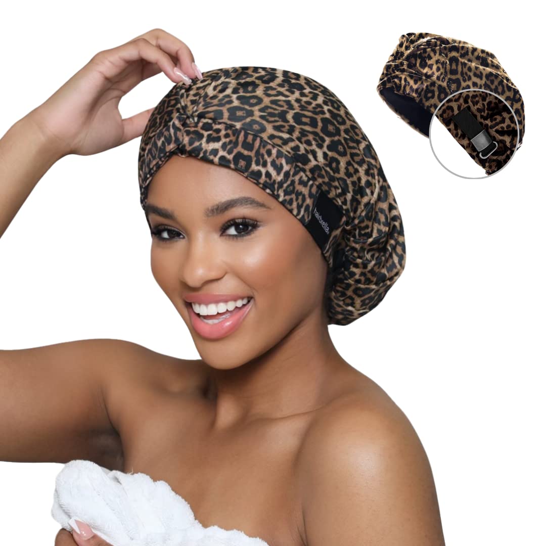 Hairbrella Satin-Lined Adjustable Shower Cap For Women, 100% Waterproof, Leopard Print