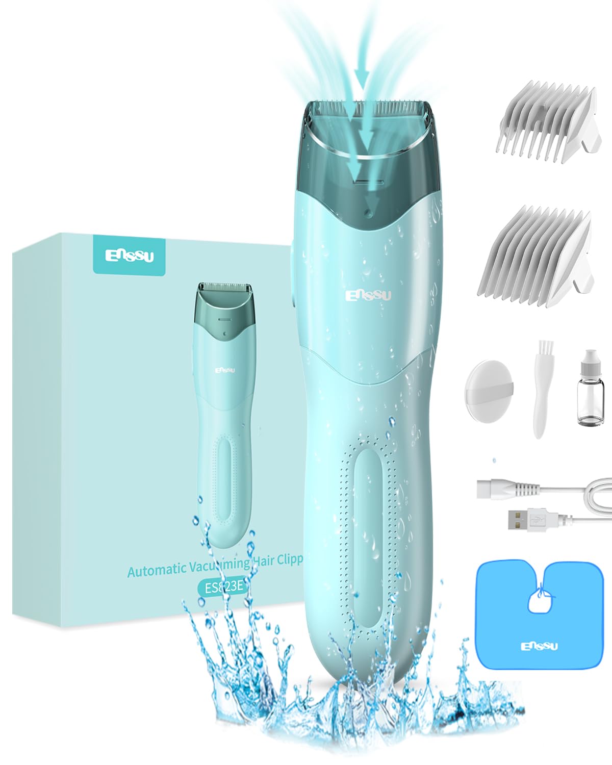 Enssu Vacuum Hair Clippers For Kids - Rechargeable, Waterproof, Cordless Haircut Kit, Blueish Green