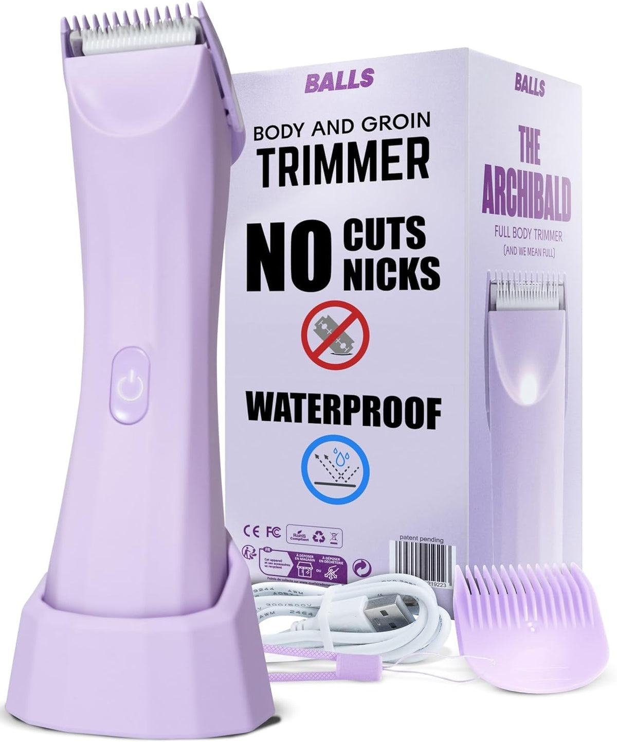 Balls V3 The Archibald Body & Bikini Trimmer - Waterproof, Cordless, Replaceable Blades - Mauve