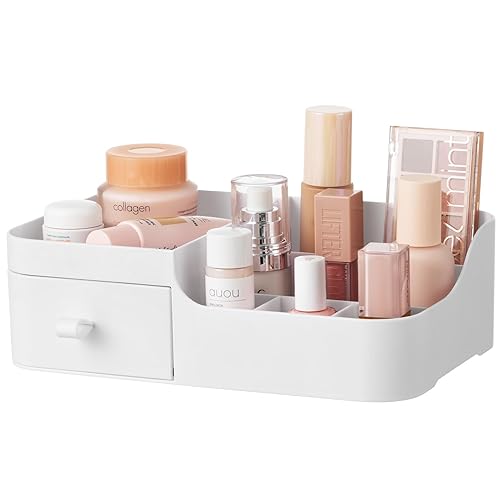 Hblife Large White Plastic Makeup Organizer With Drawer - 8 Compartment Skincare Storage